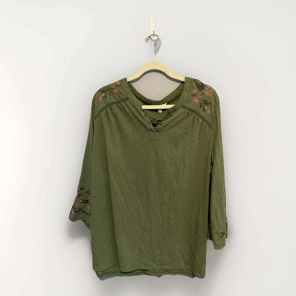 Terra & Sky Womens 1Xl Olive Green Embroidered Tassel Boho 3/4 Sleeve Blouse